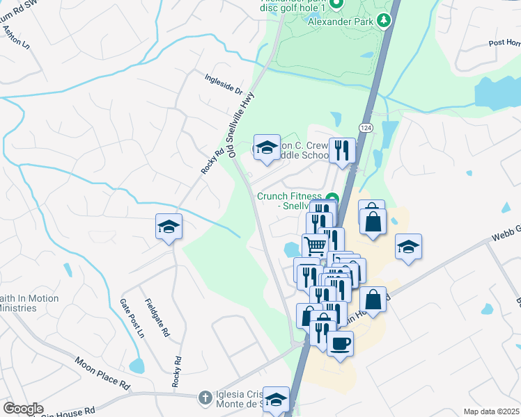 map of restaurants, bars, coffee shops, grocery stores, and more near 1691 Scenic Pines Drive in Lawrenceville