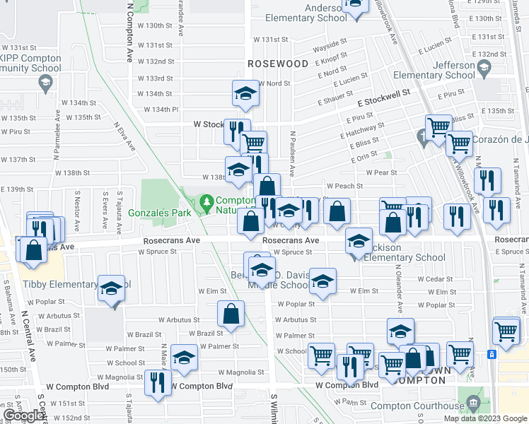 map of restaurants, bars, coffee shops, grocery stores, and more near N Wilmington Ave & W Plum St in Compton