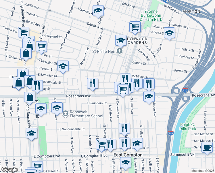 map of restaurants, bars, coffee shops, grocery stores, and more near 4235 East Palmerstone Street in Compton