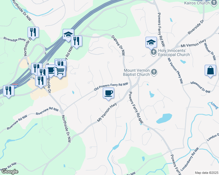 map of restaurants, bars, coffee shops, grocery stores, and more near 100 Riverwood Place Northwest in Atlanta