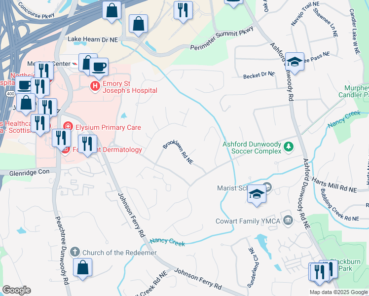 map of restaurants, bars, coffee shops, grocery stores, and more near 1316 Brooklawn Road Northeast in Atlanta