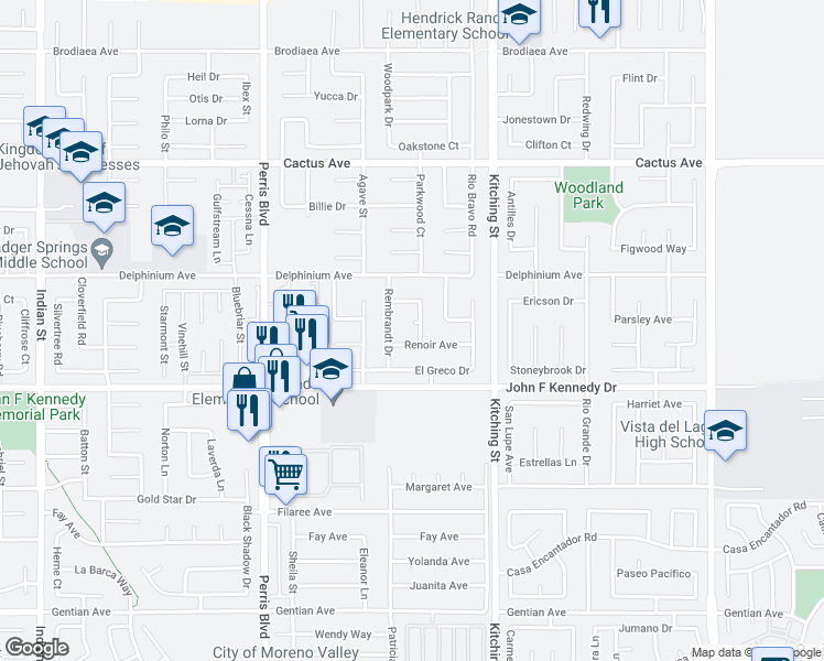 map of restaurants, bars, coffee shops, grocery stores, and more near 25331 Picasso Court in Moreno Valley