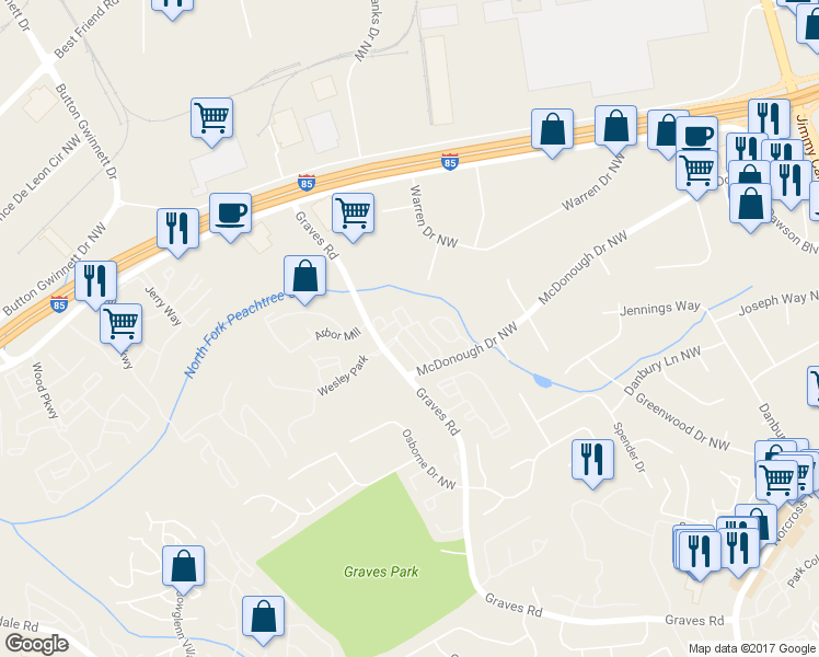 map of restaurants, bars, coffee shops, grocery stores, and more near 704 Olde Mill Lane in Norcross