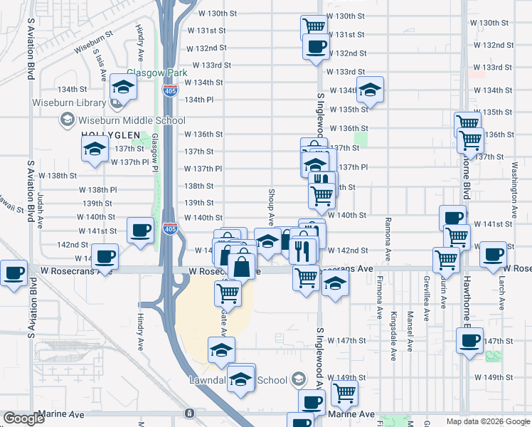 map of restaurants, bars, coffee shops, grocery stores, and more near 4909 West 140th Street in Hawthorne