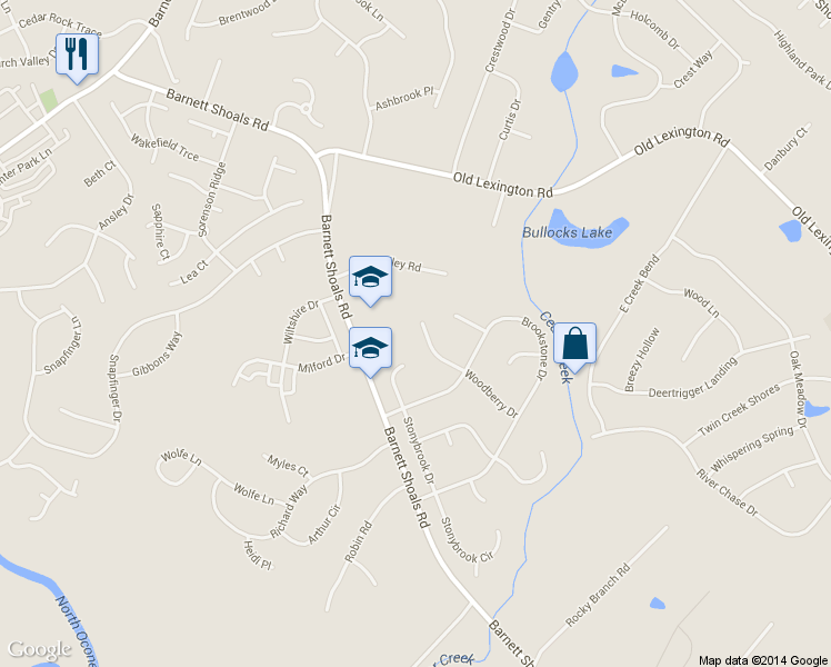 map of restaurants, bars, coffee shops, grocery stores, and more near 165 Woodberry Court in Athens