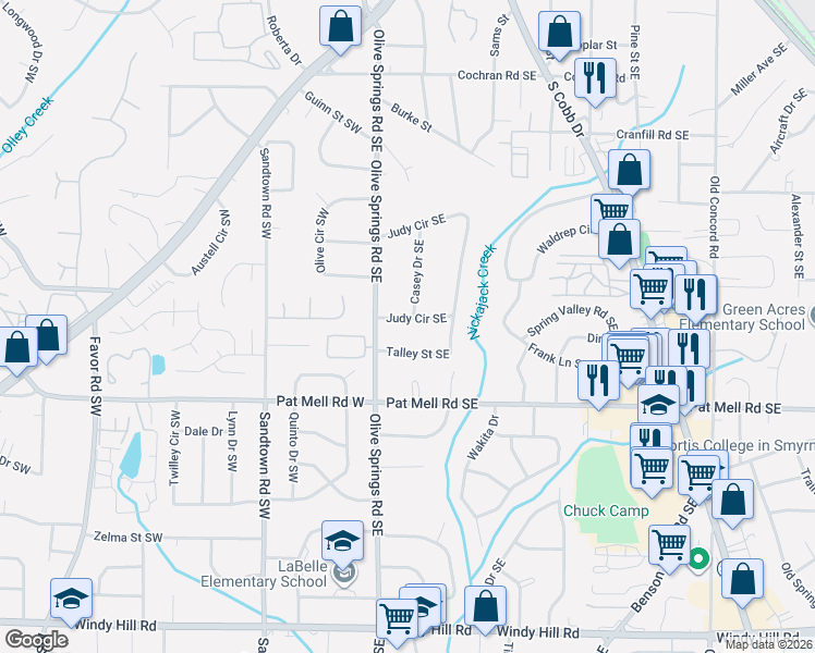 map of restaurants, bars, coffee shops, grocery stores, and more near 1989 Judy Circle Southeast in Marietta