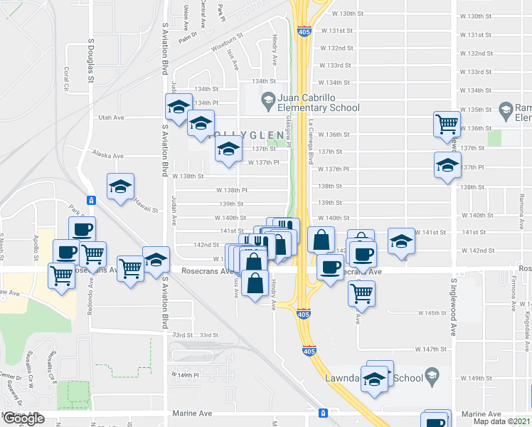 map of restaurants, bars, coffee shops, grocery stores, and more near 5309 West 140th Street in Hawthorne