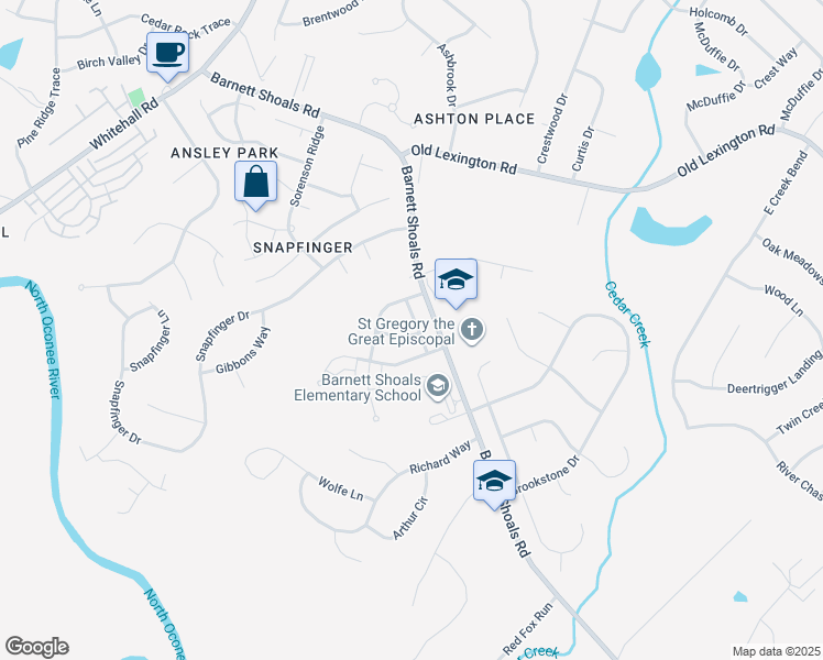 map of restaurants, bars, coffee shops, grocery stores, and more near 130 Blake Way in Athens