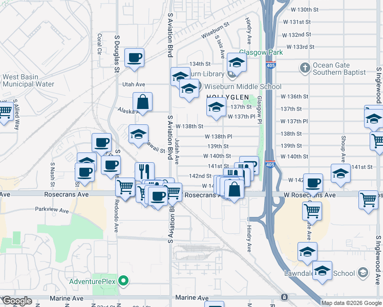 map of restaurants, bars, coffee shops, grocery stores, and more near 5517 W 140th St in Hawthorne