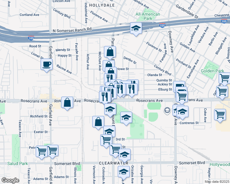 map of restaurants, bars, coffee shops, grocery stores, and more near 14128 Paramount Boulevard in Paramount