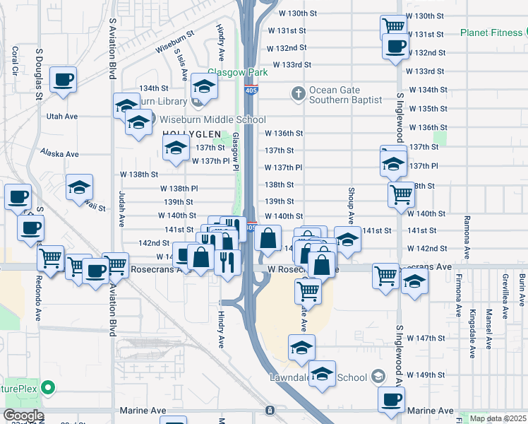 map of restaurants, bars, coffee shops, grocery stores, and more near 5173 West 140th Street in Hawthorne
