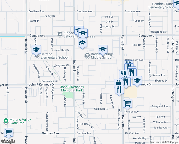 map of restaurants, bars, coffee shops, grocery stores, and more near 24653 Bamboo Court in Moreno Valley