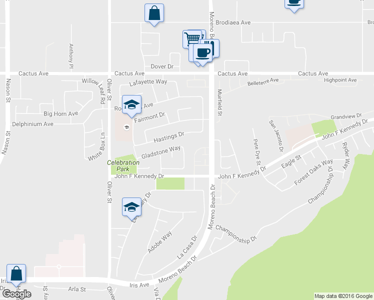 map of restaurants, bars, coffee shops, grocery stores, and more near 14882 Meridian Place in Moreno Valley