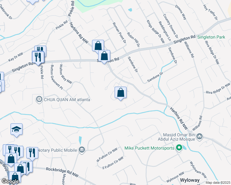 map of restaurants, bars, coffee shops, grocery stores, and more near 1800 Harbins Road Northwest in Norcross