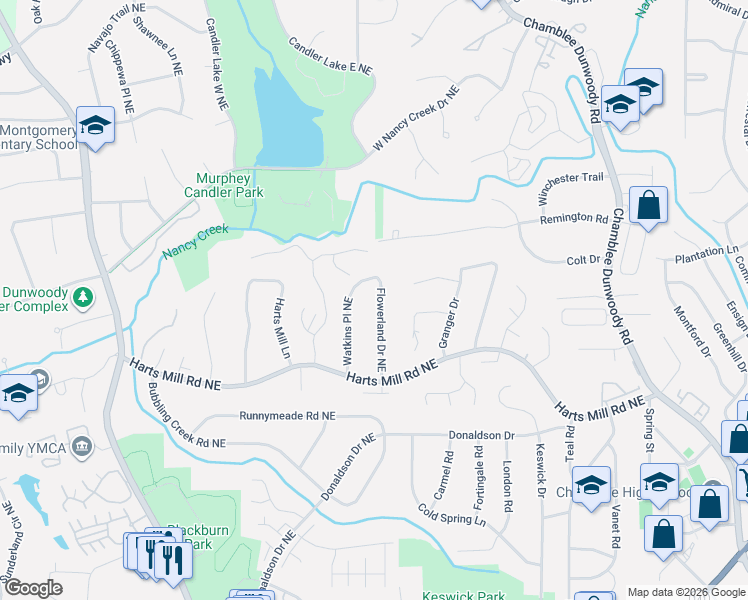 map of restaurants, bars, coffee shops, grocery stores, and more near 3879 Flowerland Drive Northeast in Atlanta