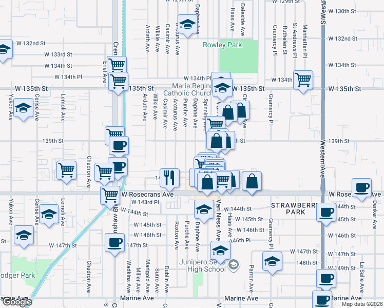 map of restaurants, bars, coffee shops, grocery stores, and more near 13921 Daphne Avenue in Gardena