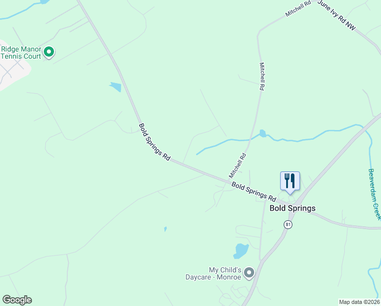 map of restaurants, bars, coffee shops, grocery stores, and more near 5234 Bold Springs Road in Between