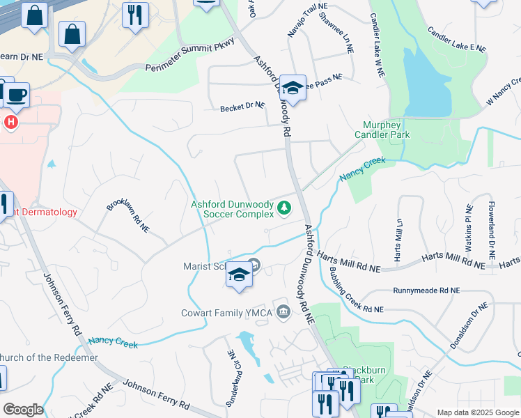 map of restaurants, bars, coffee shops, grocery stores, and more near 1329 West Nancy Creek Drive Northeast in Atlanta