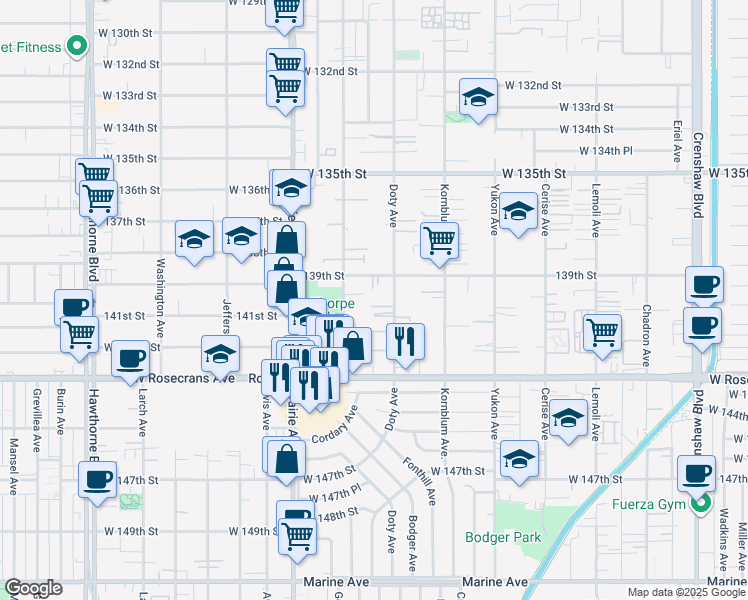 map of restaurants, bars, coffee shops, grocery stores, and more near 13929 Doty Avenue in Hawthorne