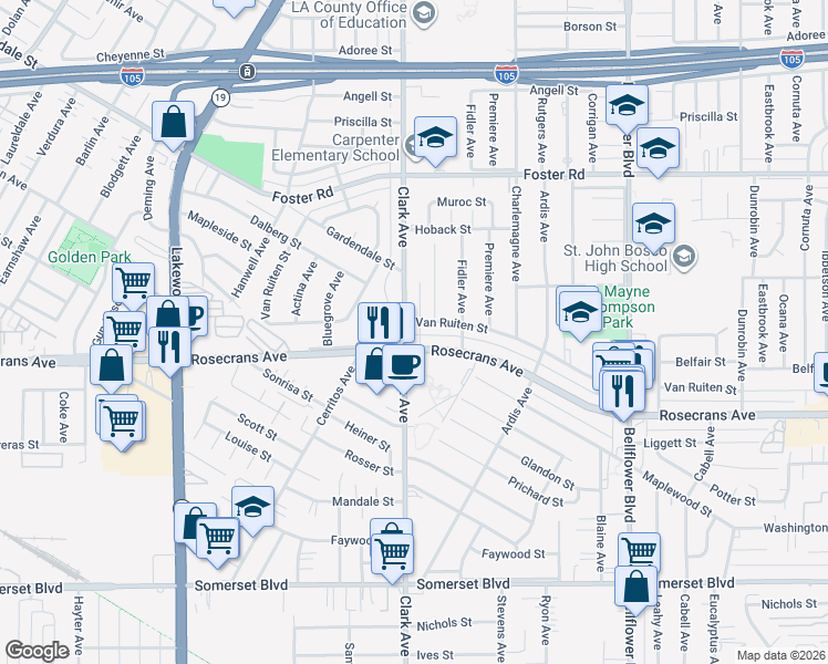 map of restaurants, bars, coffee shops, grocery stores, and more near 13768 Clark Avenue in Bellflower