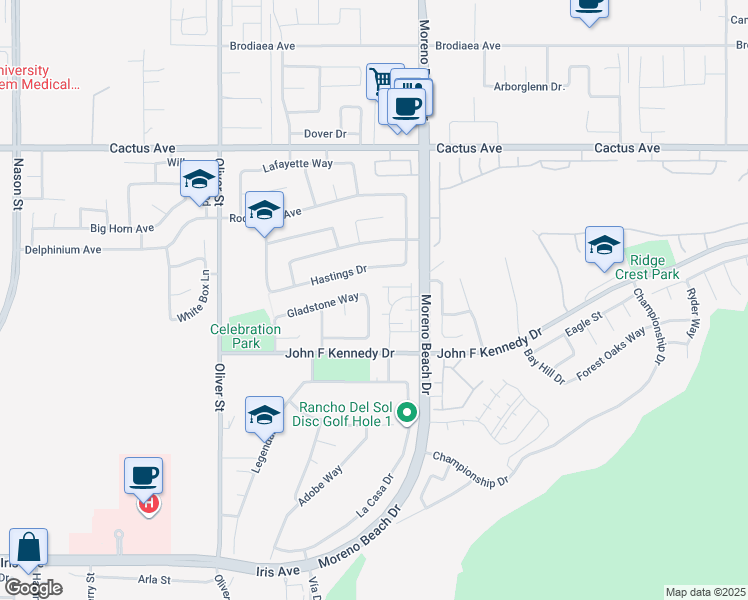 map of restaurants, bars, coffee shops, grocery stores, and more near 14882 Meridian Place in Moreno Valley