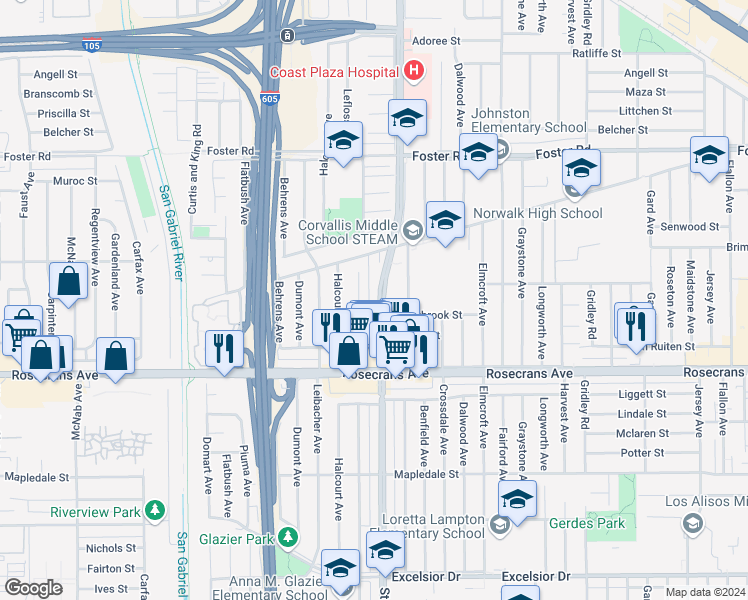 map of restaurants, bars, coffee shops, grocery stores, and more near 13933 Studebaker Road in Norwalk