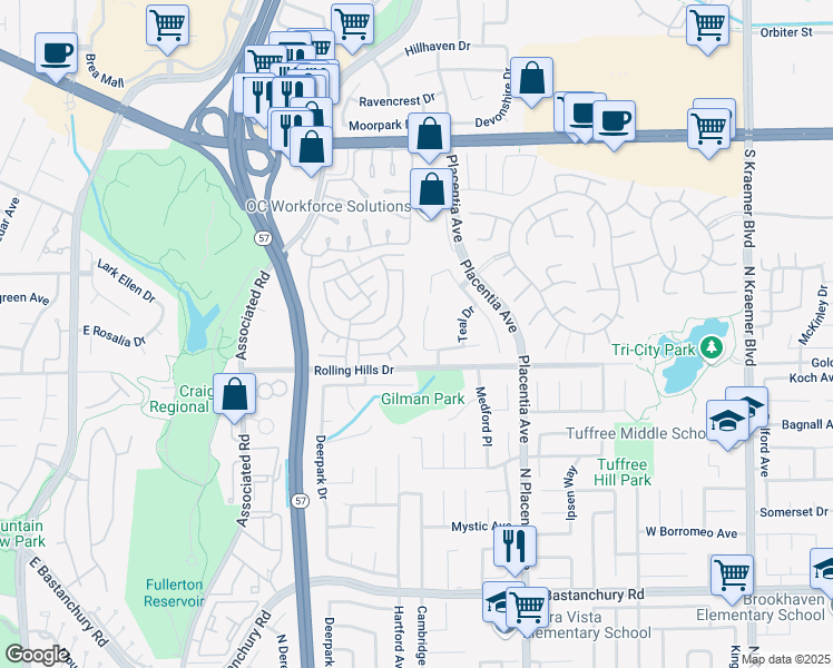 map of restaurants, bars, coffee shops, grocery stores, and more near 2940 Sparrow Drive in Fullerton
