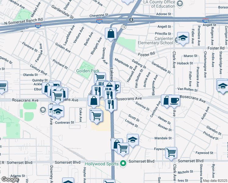 map of restaurants, bars, coffee shops, grocery stores, and more near 13535 California 19 in Downey