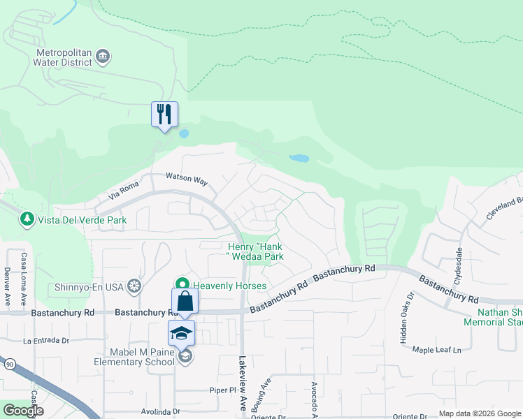 map of restaurants, bars, coffee shops, grocery stores, and more near 3863 Birdie Drive in Yorba Linda