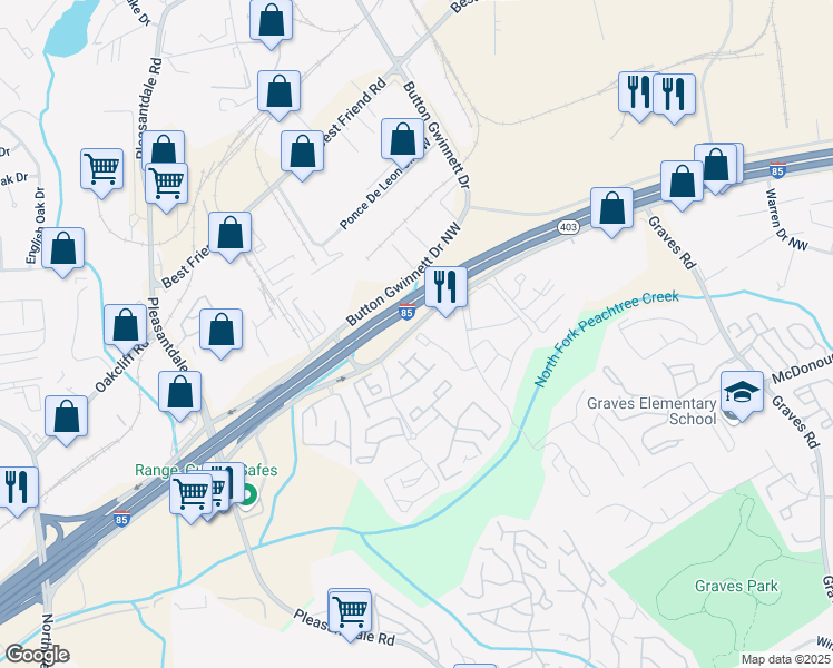 map of restaurants, bars, coffee shops, grocery stores, and more near 112 Seasons Parkway in Norcross
