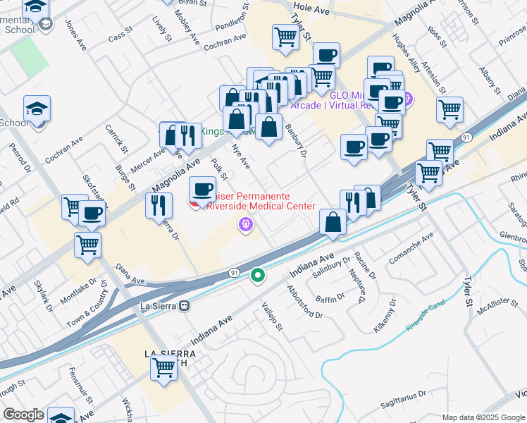 map of restaurants, bars, coffee shops, grocery stores, and more near 3577 Polk Street in Riverside