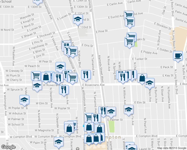 map of restaurants, bars, coffee shops, grocery stores, and more near 1241 North Tamarind Avenue in Compton
