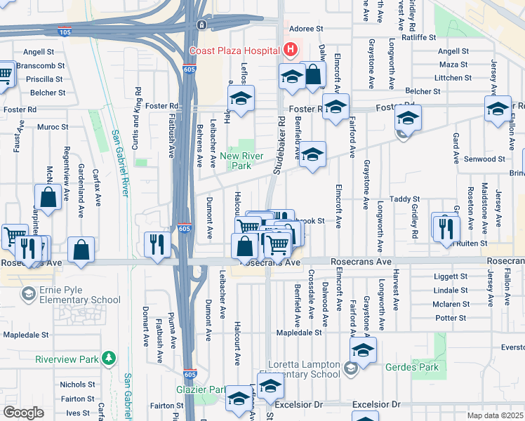 map of restaurants, bars, coffee shops, grocery stores, and more near 13933 Studebaker Road in Norwalk