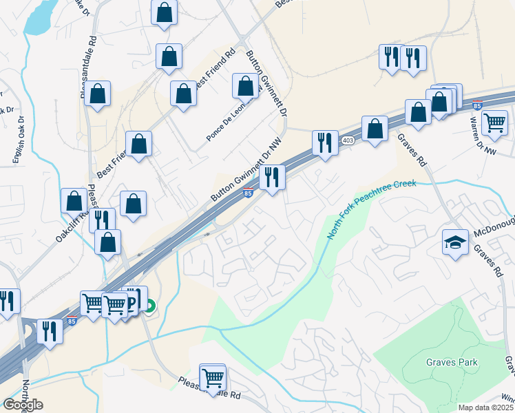 map of restaurants, bars, coffee shops, grocery stores, and more near 114 Seasons Parkway in Norcross