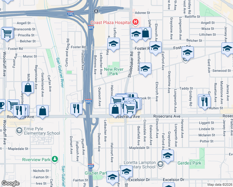 map of restaurants, bars, coffee shops, grocery stores, and more near 13933 Lefloss Avenue in Norwalk