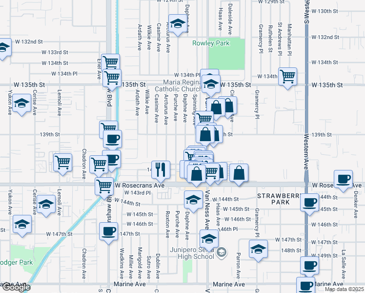 map of restaurants, bars, coffee shops, grocery stores, and more near 14001 Daphne Avenue in Gardena