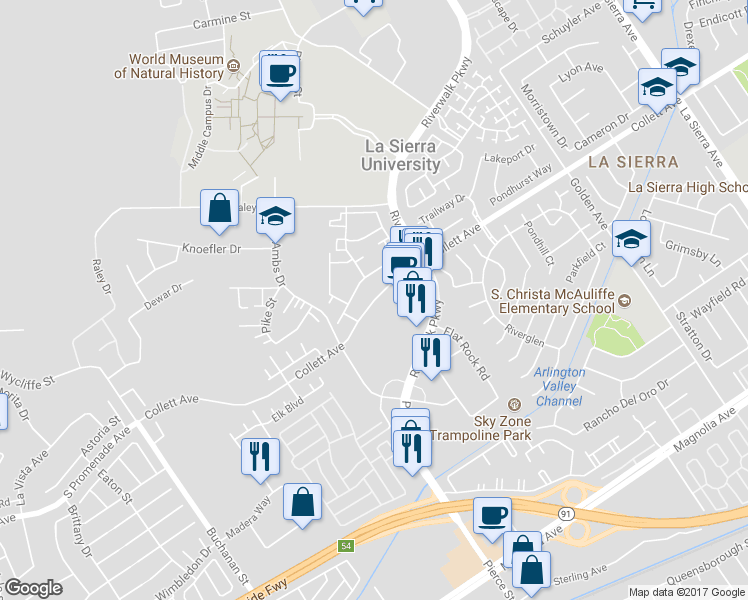 map of restaurants, bars, coffee shops, grocery stores, and more near 11801-11853 Collett Avenue in Riverside