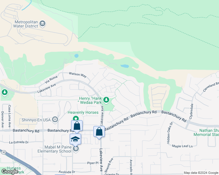 map of restaurants, bars, coffee shops, grocery stores, and more near 3863 Birdie Drive in Yorba Linda