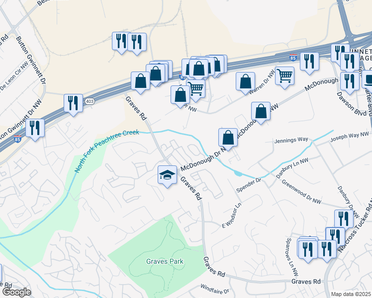 map of restaurants, bars, coffee shops, grocery stores, and more near 1811 Brookside Lay Circle in Norcross