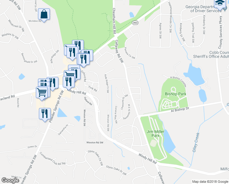 map of restaurants, bars, coffee shops, grocery stores, and more near 1960 Bergerac Court Southwest in Marietta