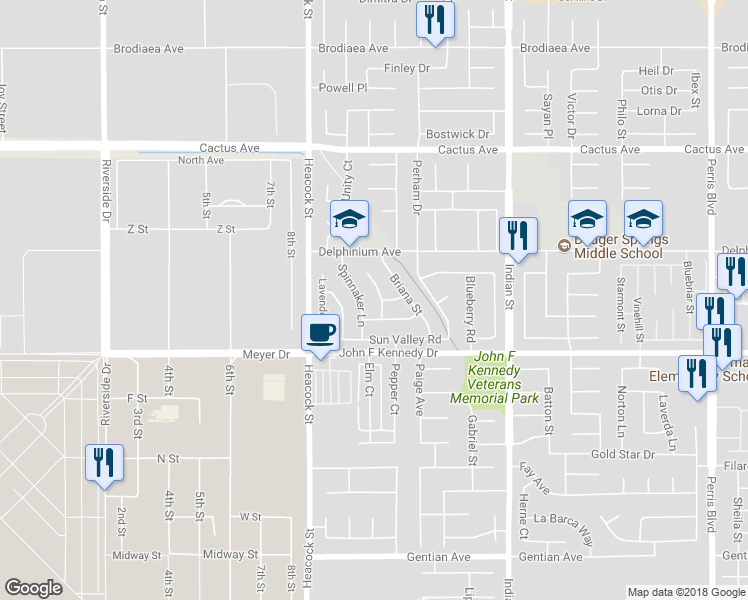 map of restaurants, bars, coffee shops, grocery stores, and more near 14875 Kennebec Court in Moreno Valley