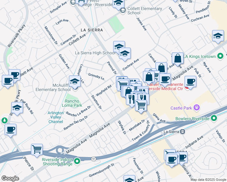 map of restaurants, bars, coffee shops, grocery stores, and more near 6 Fir Tree Drive in Riverside