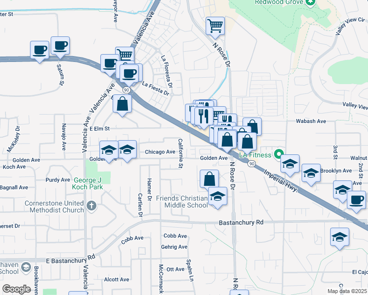 map of restaurants, bars, coffee shops, grocery stores, and more near 2430 Villena Way in Placentia