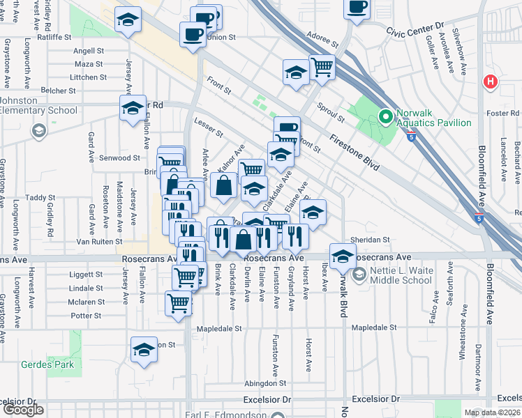 map of restaurants, bars, coffee shops, grocery stores, and more near 11989 Sycamore Street in Norwalk