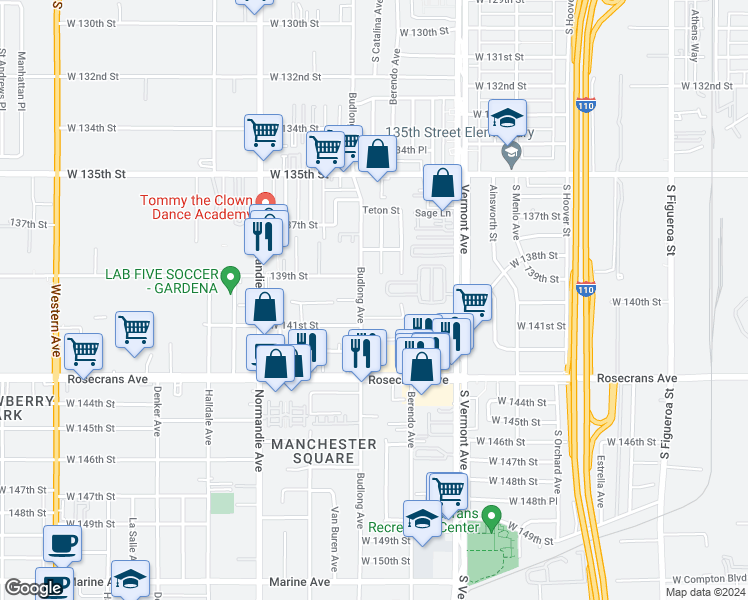 map of restaurants, bars, coffee shops, grocery stores, and more near 14006 Budlong Avenue in Gardena
