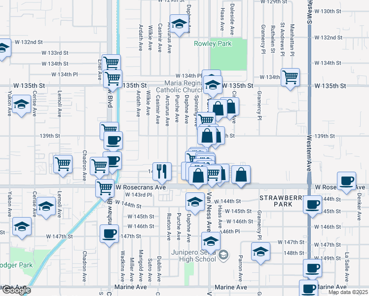 map of restaurants, bars, coffee shops, grocery stores, and more near 14001 Daphne Avenue in Gardena