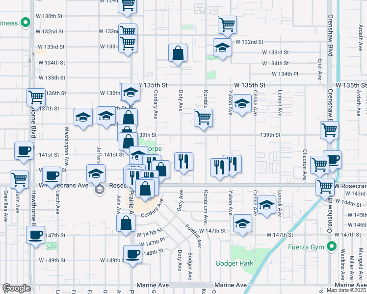 map of restaurants, bars, coffee shops, grocery stores, and more near 13937 Doty Avenue in Hawthorne