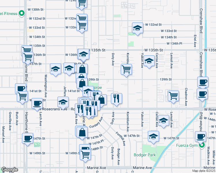 map of restaurants, bars, coffee shops, grocery stores, and more near 13926 Cordary Avenue in Hawthorne