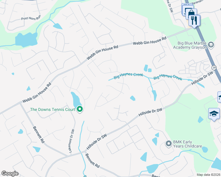 map of restaurants, bars, coffee shops, grocery stores, and more near 1427 Oak Bend Way in Lawrenceville