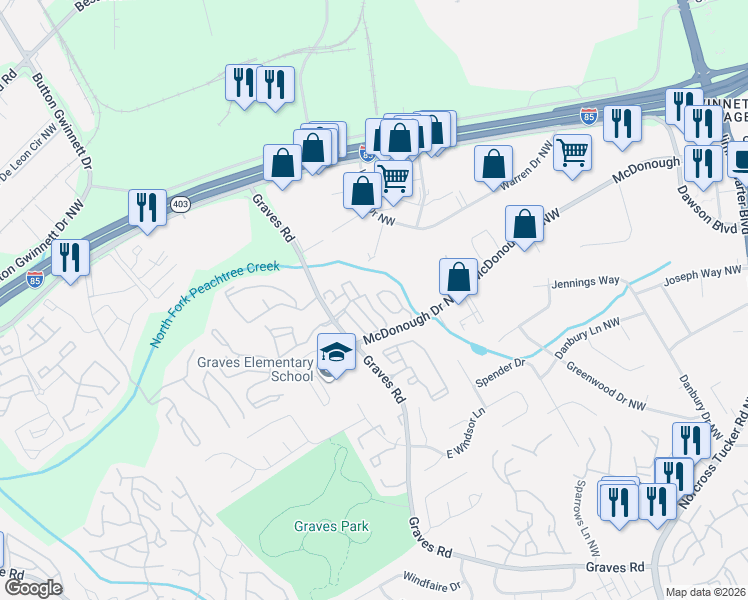 map of restaurants, bars, coffee shops, grocery stores, and more near 1773 Brookside Lay Circle in Norcross